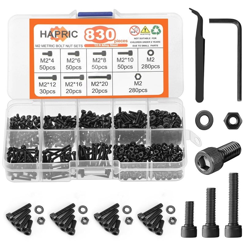 Hapric 830 Pcs M2 Screws Kit Metric Bolts Kit M2*4mm/6mm/8mm/10mm/12mm/16mm/20mm Machine Screw Kit, 12.9 Alloy Steel Black Zinc Plated Hex Socket Head Screws Nuts Bolts and Washers Set - Image 1